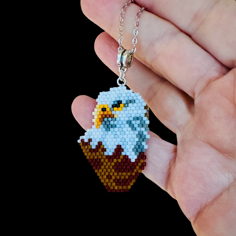 Hand Crafted Eagle Pendant Necklace with White and Orange Beads - Picture 4 of 9